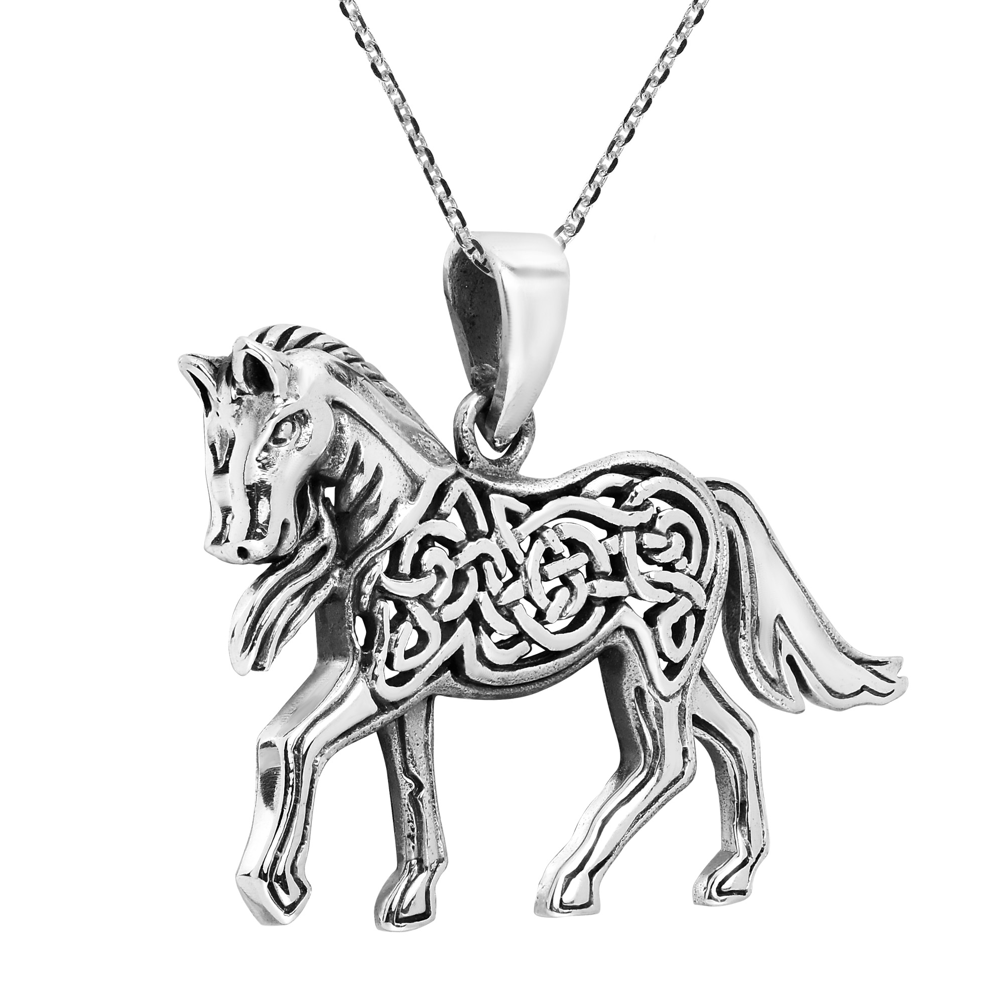 2000x2000 Prancing Horse With Celtic Knot Accents Sterling Silver Necklace