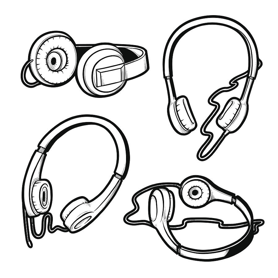 900x900 Vector Black And White Sketch Illustration Of Set Of Headphones