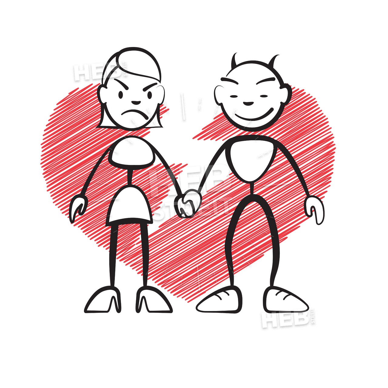 1280x1280 stick figure woman and devil, broken heart hebstreits sketches