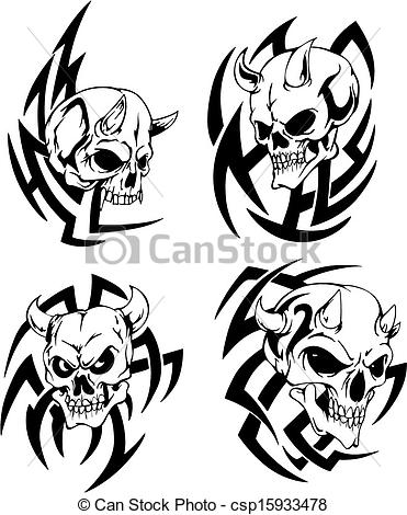 371x470 Skulls With Horns Devil Skulls Set Of Black And White Vector