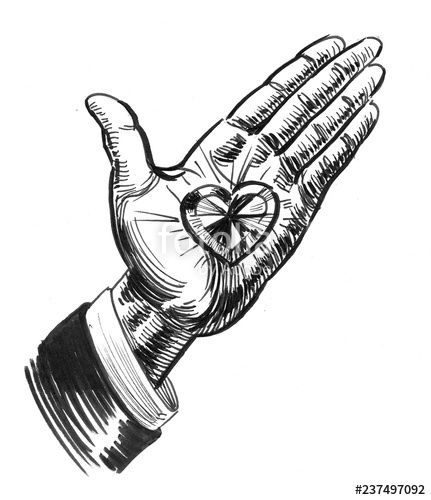 431x500 Hand With A Diamond Heart Ink Black And White Drawing Stock