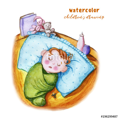 500x500 Watercolor Children's Drawing Of A Child In A Diaper, Sleeping