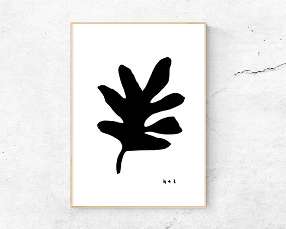 570x456 Black Leaf Ink Drawing, Digital Download, Print