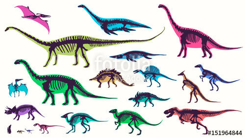 500x282 Set, Silhouettes, Dino Skeletons, Dinosaurs, Fossils Hand Drawn