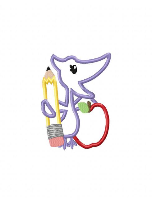 489x640 dinosaur pterodactyl with apple and pencil embroidery