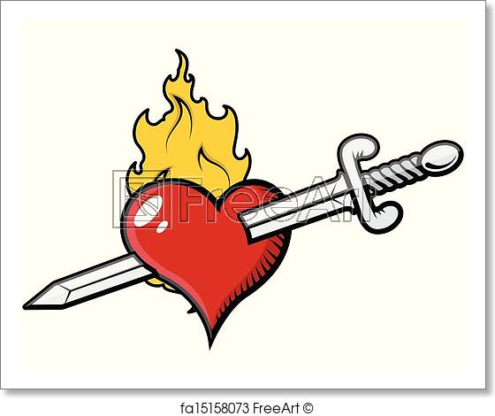 560x470 Free Art Print Of Sword In Heart With Flames Drawing Art