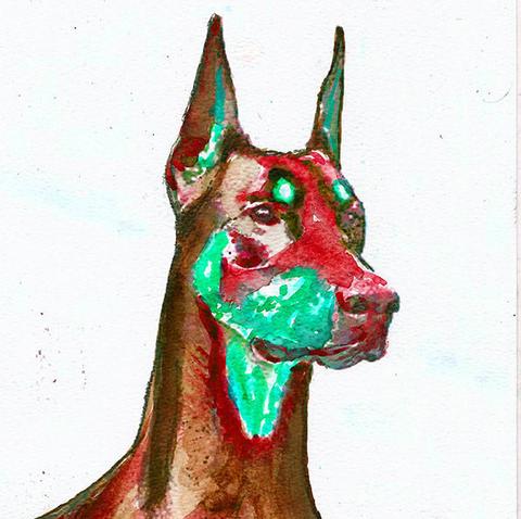 480x478 Doberman Dog Art Print Dog Painting, Aqua Marine, Teal, Crimson