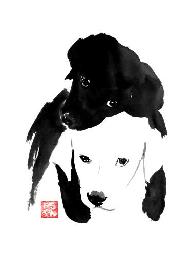 375x526 Black And White Dogs Painting