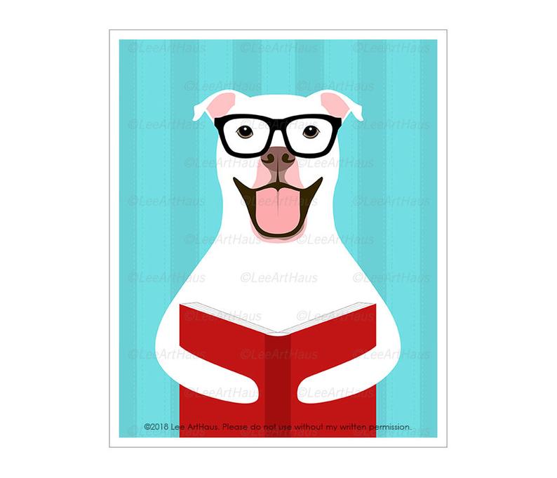 794x681 Dog Art White Pit Bull Reading Book Wall Art Funny Etsy