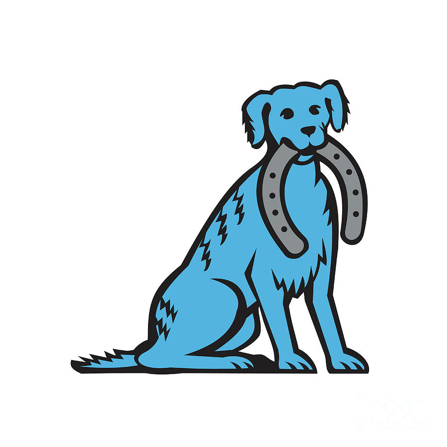 900x900 Blue Merle Dog Sitting Biting Horseshoe Retro Digital Art