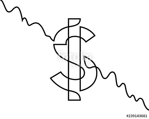 500x400 linear dollar sigh and falling line chart continuous line drawing