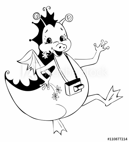 455x500 Cute Illustration Of A Happy Dragon With Camera Black And White
