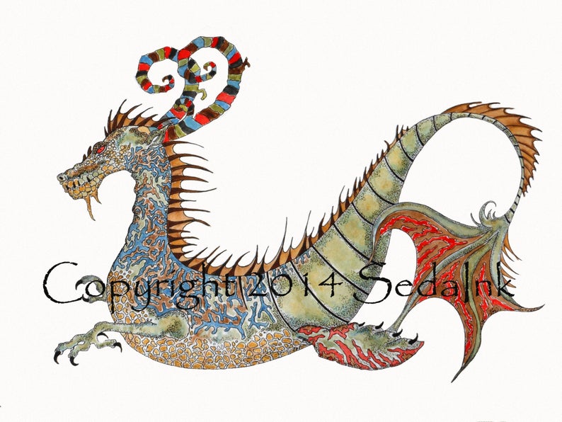 794x596 Dragon Drawing Illustration Pen And Ink Watercolor X Etsy
