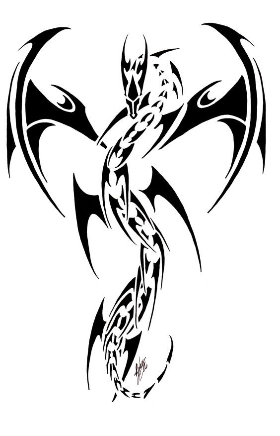 564x876 Impressive Black Ink Dragon In Tribal Style Tattoo Design