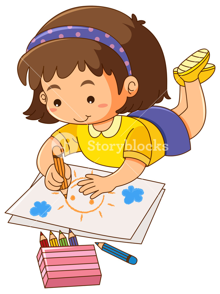 749x1000 Little Girl Drawing Sun On Paper Royalty Free Stock Image