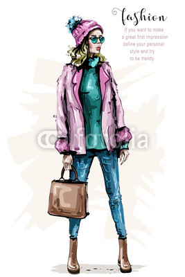 267x400 Hand Drawn Beautiful Young Woman In Fashion Clothes Stylish