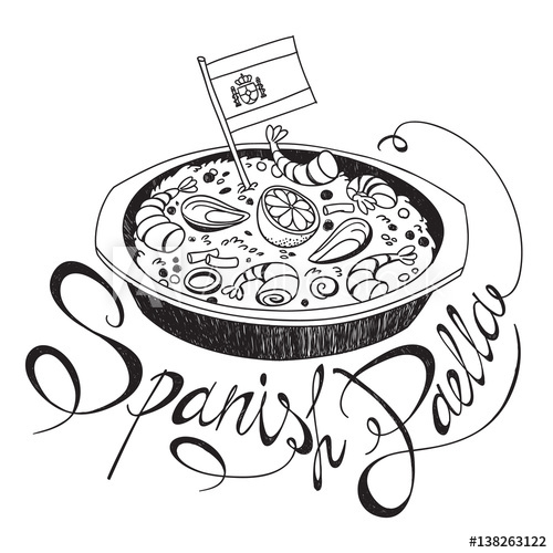 500x500 Freehand Sketch Style Drawing Of Seafood Paella Pan With Spanish