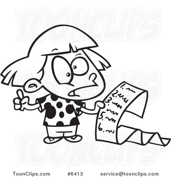 581x600 Cartoon Black And White Line Drawing Of A Girl Reading A List