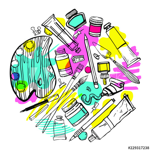 500x500 Round Composition With Hand Drawn Sketch Vector Artist Materials