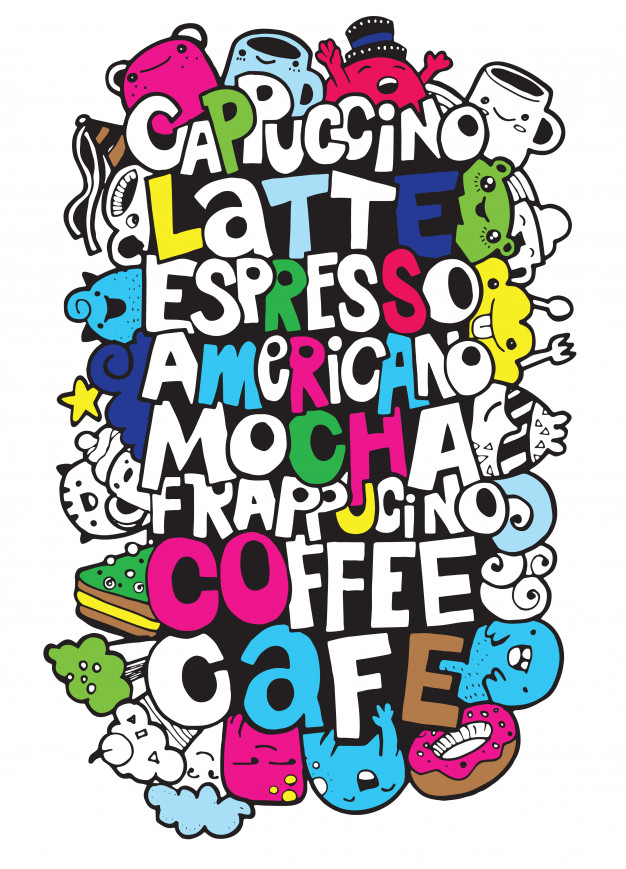 626x869 Hand Drawing Names Of Popular Coffee Drinks With Monsters Vector