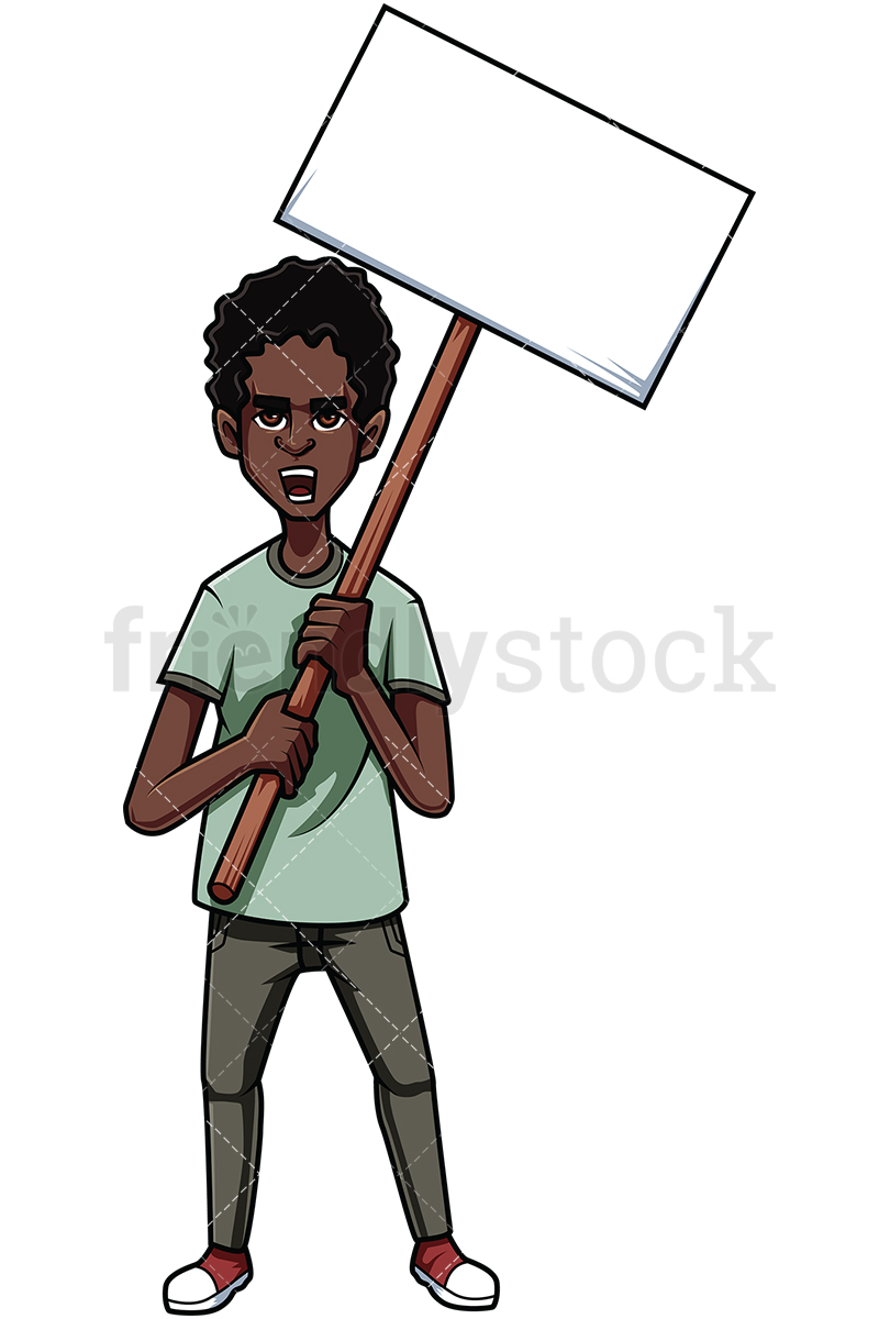 800x1200 black man protesting sign cartoon vector clipart