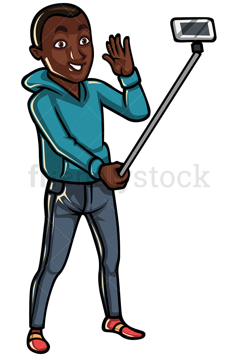 800x1200 black man taking photo with selfie stick vector cartoon clipart
