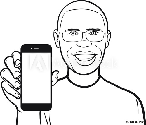 500x427 Line Drawing Of A Black Man In Glasses Showing A Mobile App