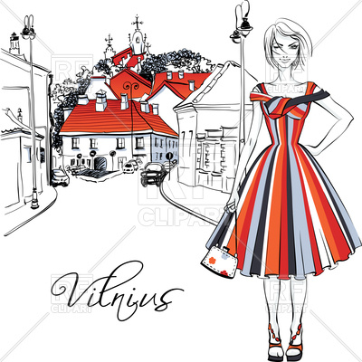 400x400 Cute Beautiful Fashion Girl In Dress In Vilnius, Lithuania Vector