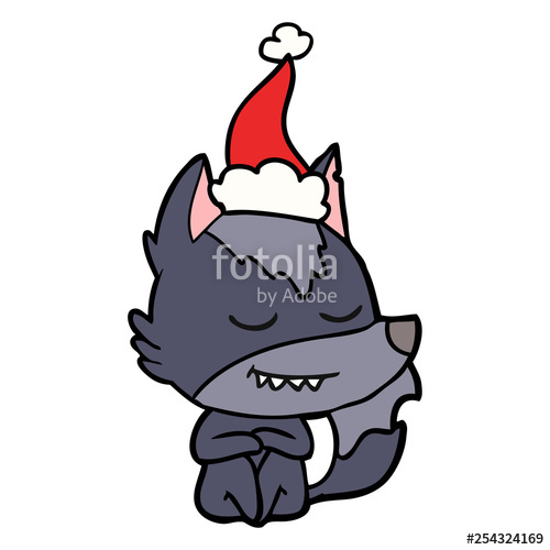 500x500 Friendly Line Drawing Of A Wolf Sitting Wearing Santa Hat Stock