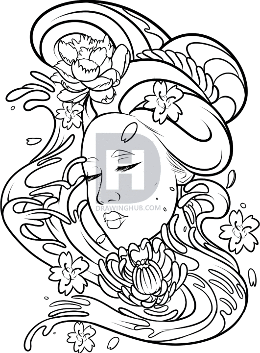 531x720 How To Draw A Geisha Tattoo, Step