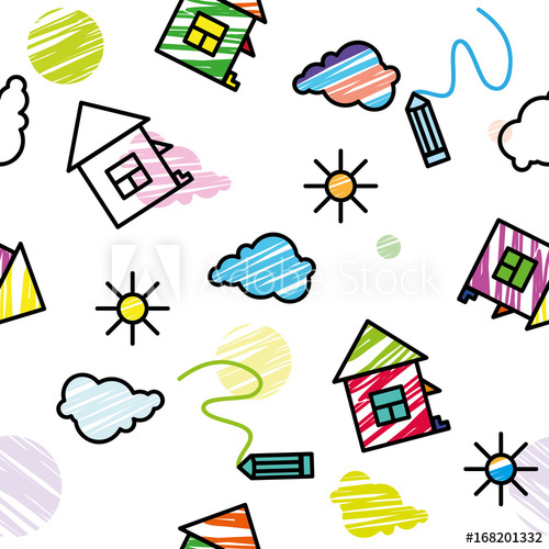 500x500 Vector Seamless Children's Colored Pattern Drawing Houses Clouds