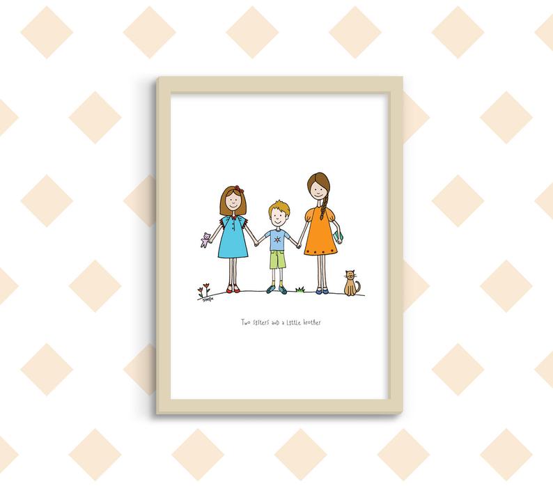 794x698 Two Sisters And A Little Brother Digital Art Print Hand Etsy