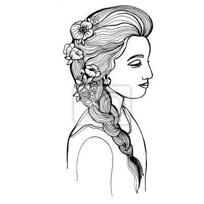 400x400 Young Girl With Long Hair, Isolated Vector Drawing, Hand Drawn