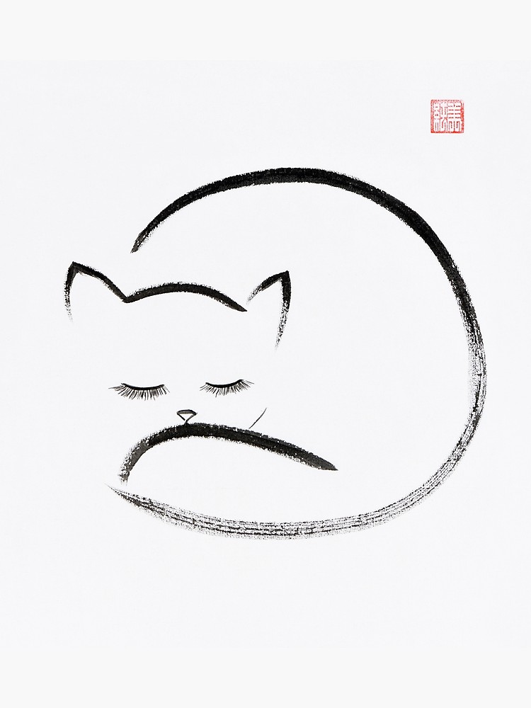 750x1000 cute cuddled up sleeping cat japanese zen sumi e painting on white