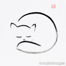 250x250 image of cute cuddled up sleeping cat japanese zen sumi e painting