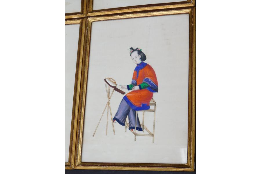 900x600 six chinese paintings of noble ladies on rice paper in giltwood