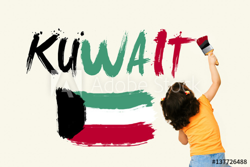 500x334 Cute Little Girl Writing Kuwait And Drawing Kuwait Flag Using