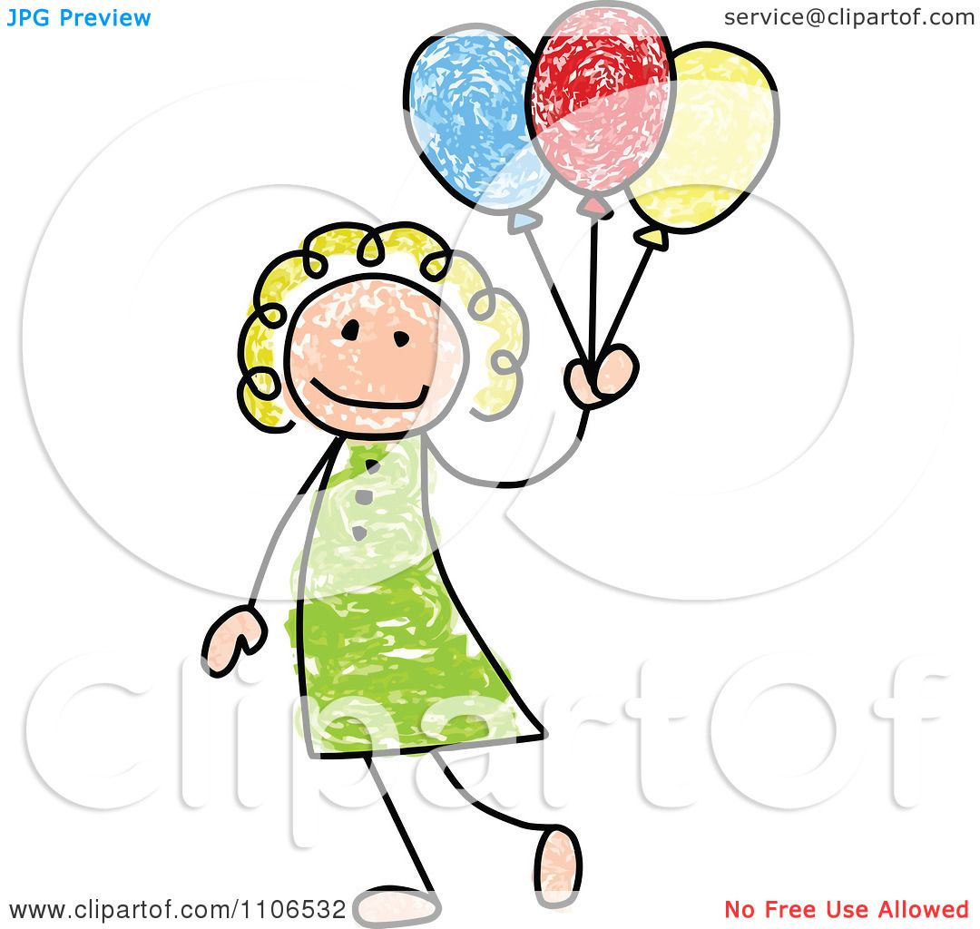 1080x1024 Clipart Stick Drawing Of A Happy White Girl With Party Balloons