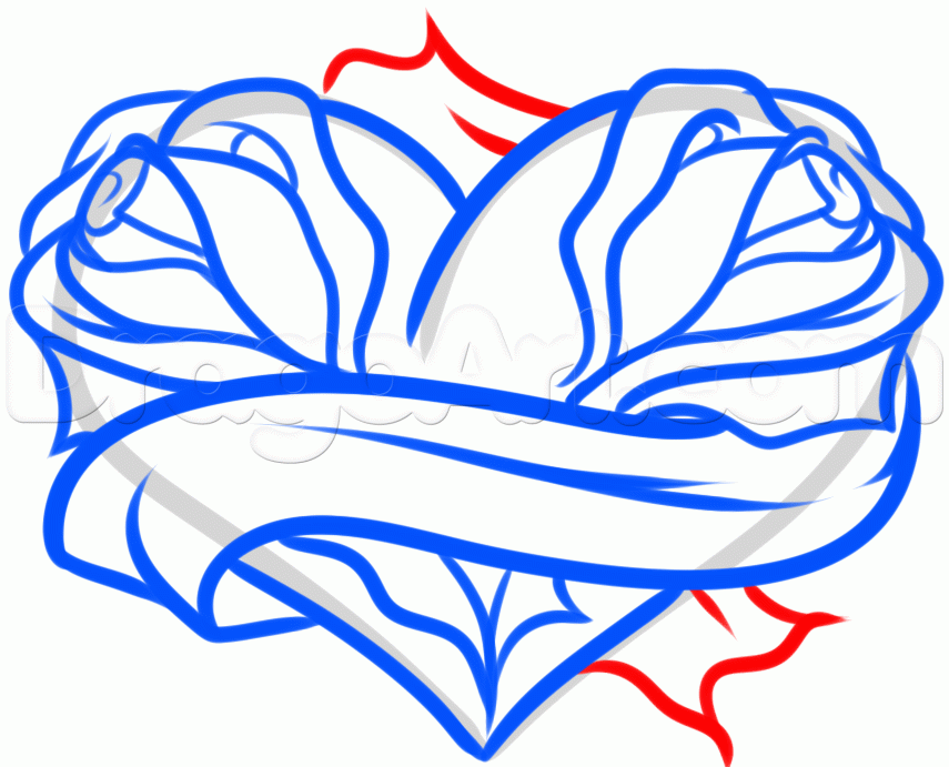 855x691 How To Draw Heart Roses Tattoo, Step