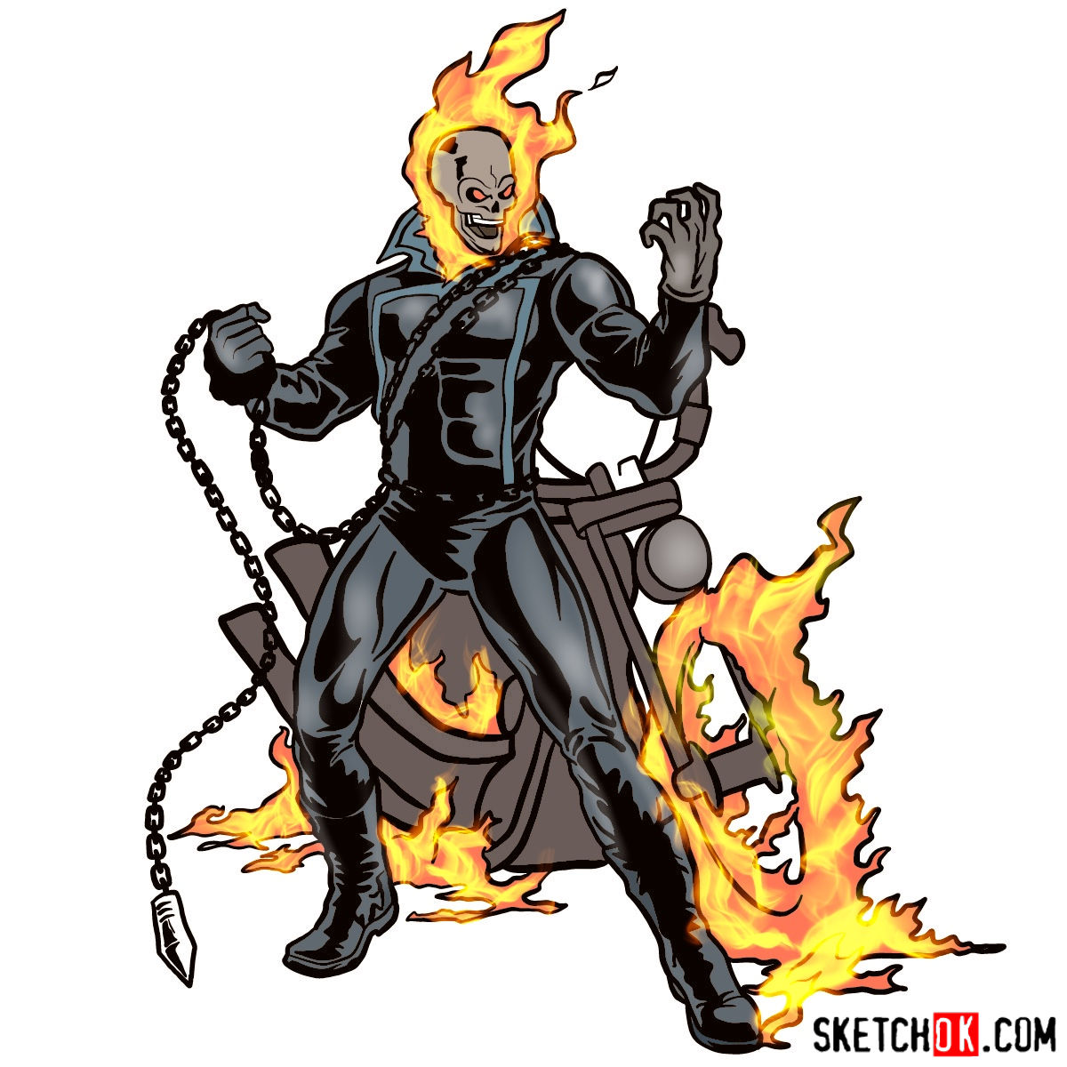 1200x1200 How To Draw Ghost Rider With His Flaming Bike