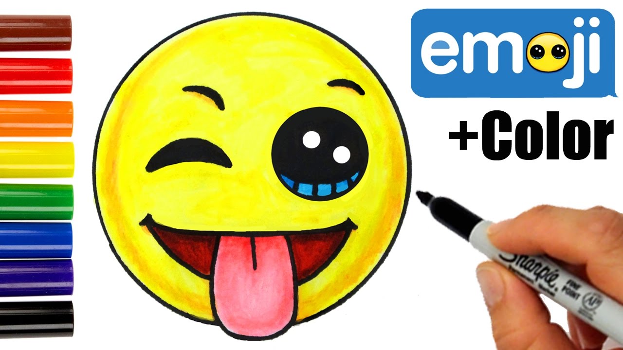 1280x720 How To Draw + Color Emoji Wwinking Eye, Tongue Out Face Step