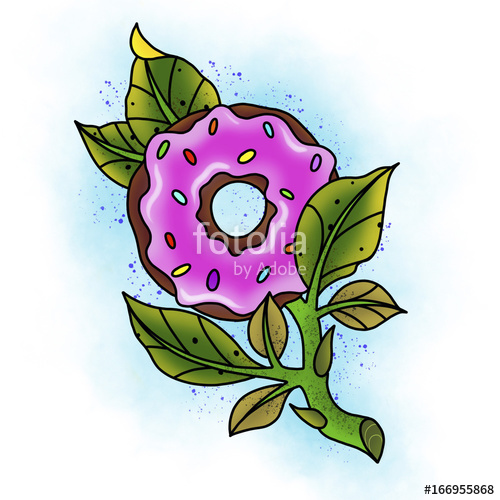 500x500 Traditional Tattoo Rose And Donut Design Cartoon Illustration