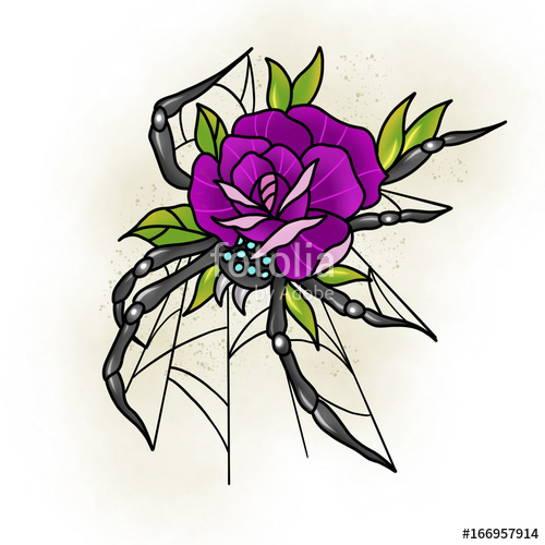 500x500 Traditional Tattoo Rose And Spider Design Cartoon Illustration