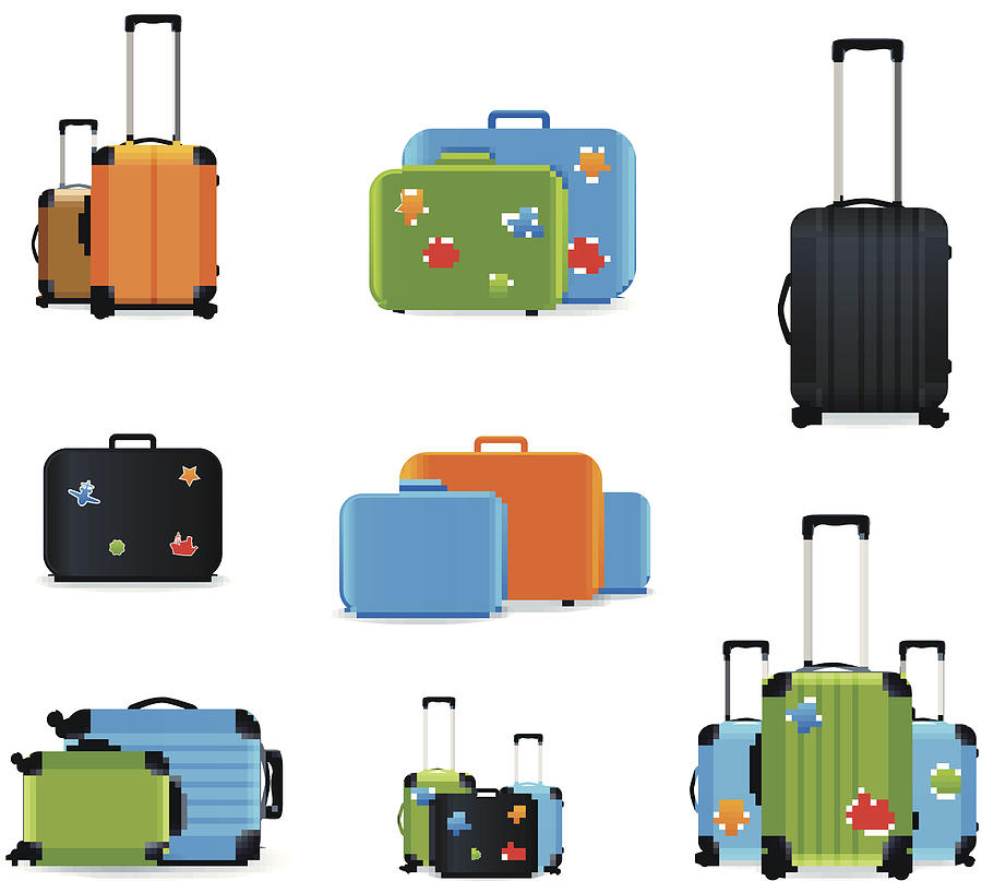 900x807 nine different colored and shaped suitcases drawing