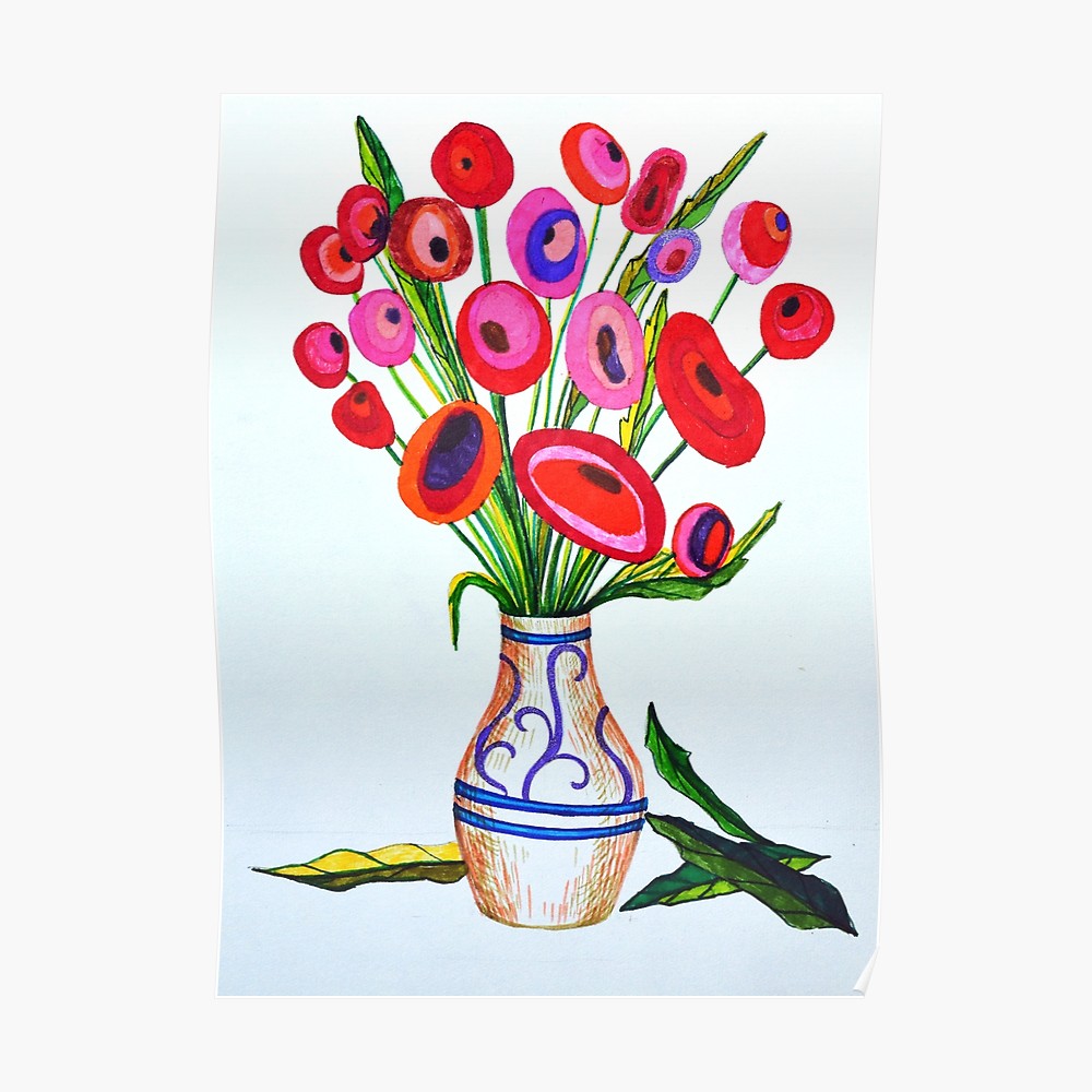 1000x1000 Simple Red Flowers In Vase Drawing Made With Markers Wall