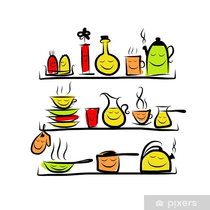 700x700 kitchen utensils characters on shelves, sketch drawing for your