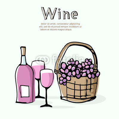 400x400 rose wine and grapes in wicker basket doodle style drawing