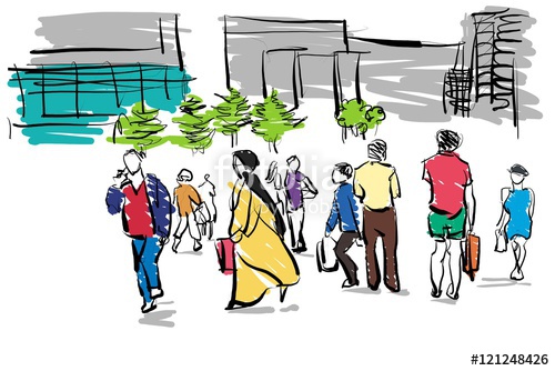 500x334 Crowd Traveling In Urban Scene Cartoon Drawing Stock Photo
