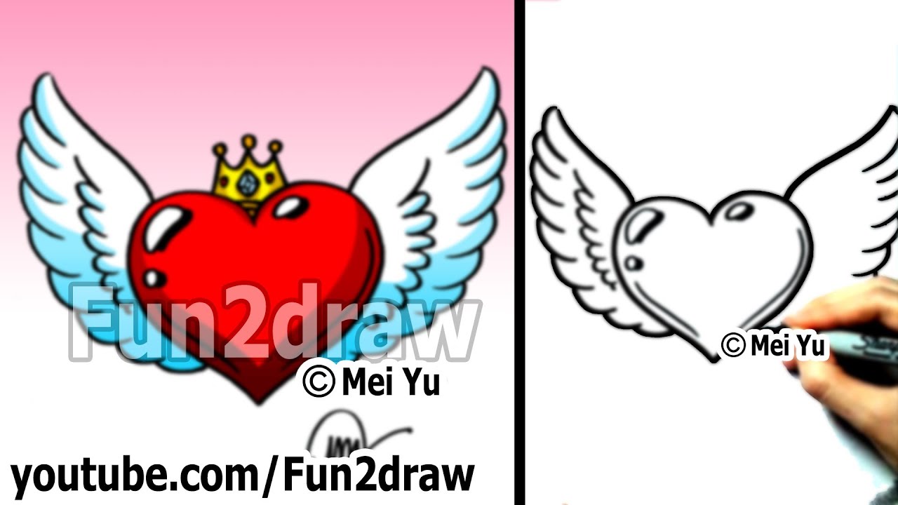 1280x720 How To Draw A Heart With Wings And Crown