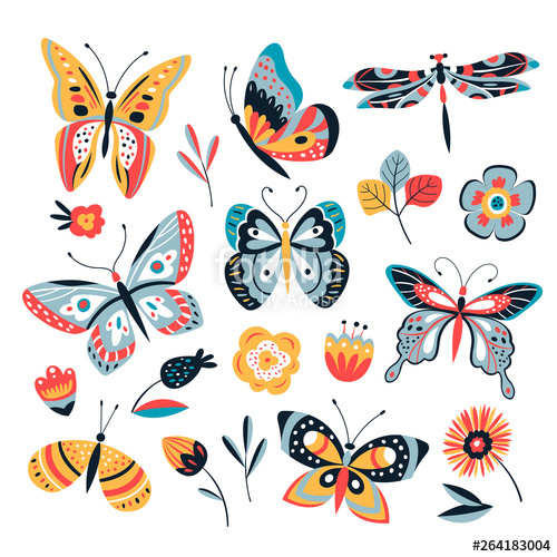 500x500 Color Drawing Butterfly Butterflies Moth And Flowers Vintage